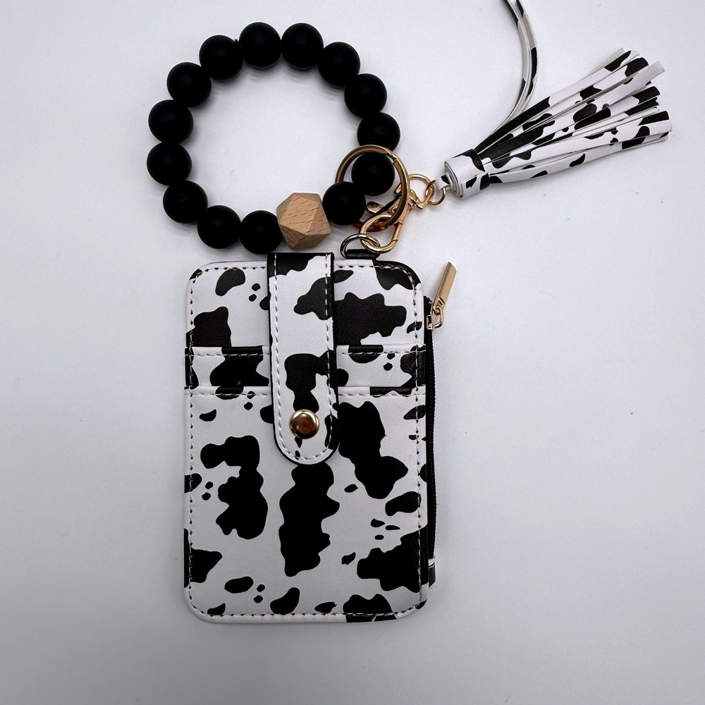 Cow Print Wristlet Keychain Wallet Silicone Bead Bangle Tassel ID Card Holder - Picture 2 of 3